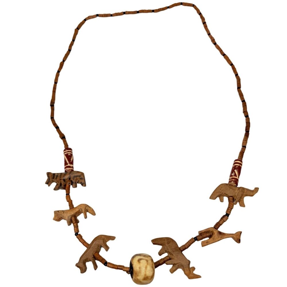 Vintage African Carved Animal Wood Beaded Necklace 29" Wild Safari Trade - Picture 2 of 12
